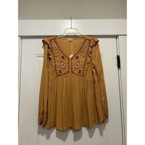 New Jodifl Floral Embroidered Ruffle Long Sleeve Cotton Blouse Sz Medium Fall